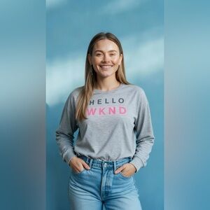 Old Navy Gray and Pink 'Hello WKND' Long Sleeve Tee